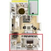 Photo 2: floor plan - red box is your BR and BA, plus shared laundry room; green box is porch