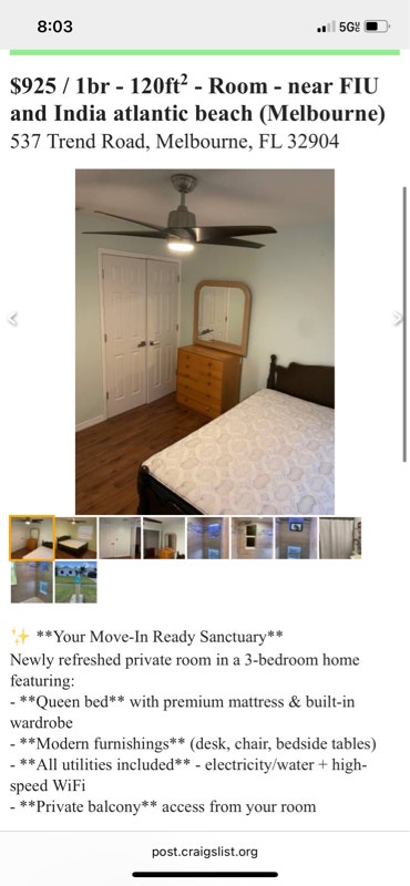 W. Melbourne Furnished room for rent. Near the Air Main Photo