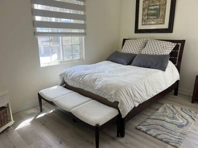 Furnished 1 bed bathLiving roomQueen bedKitchenet Main Photo